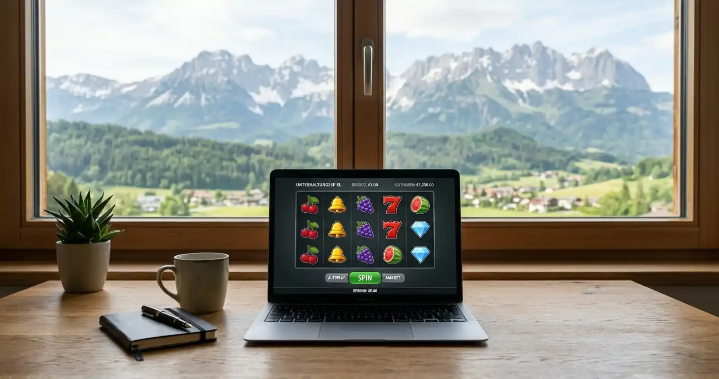 Neutrale Spielautomaten-Szene mit Laptop und österreichischer Landschaft im Hintergrund