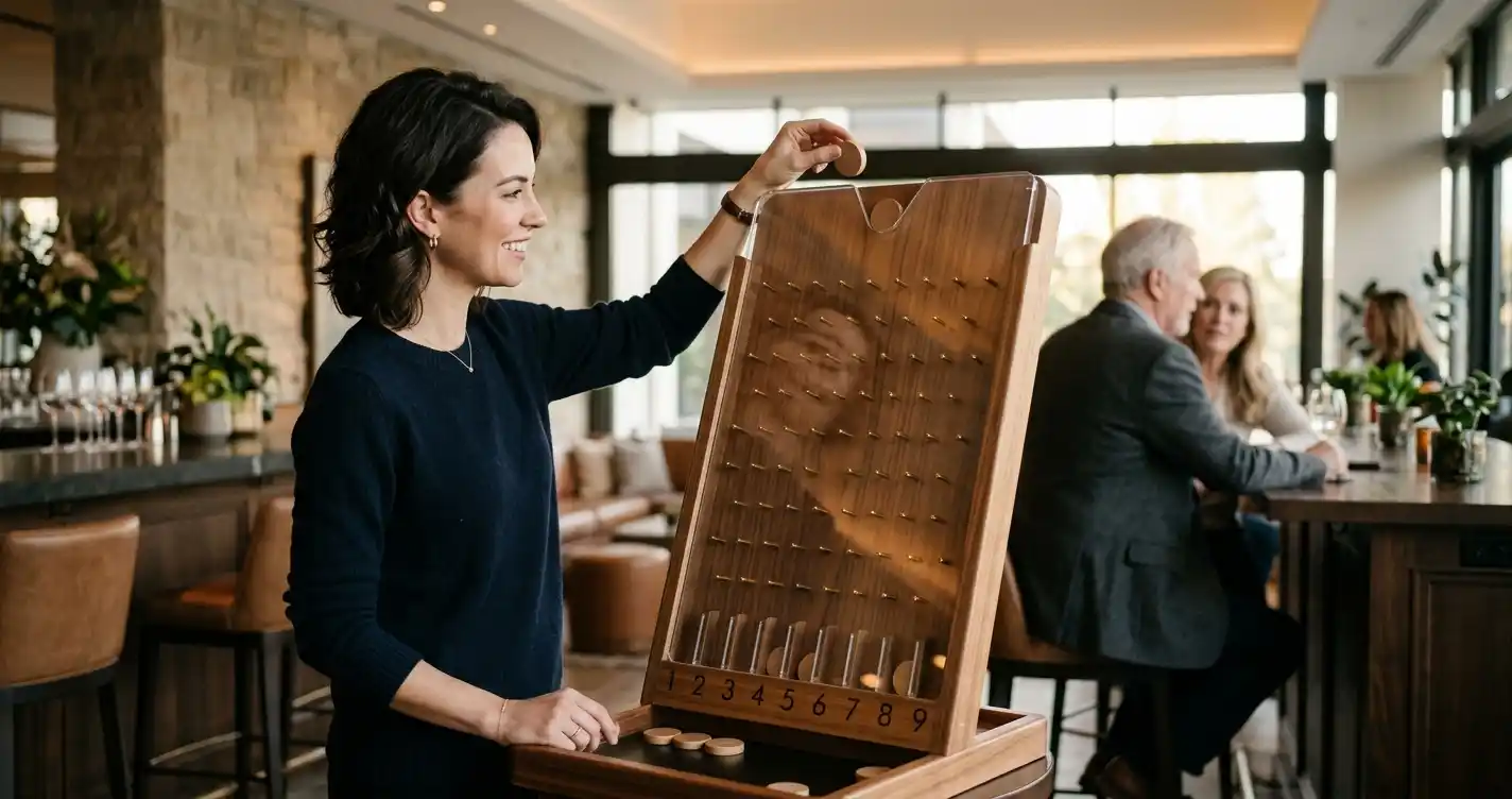 Plinko-Brett mit fallender Kugel in ruhiger Studioaufnahme
