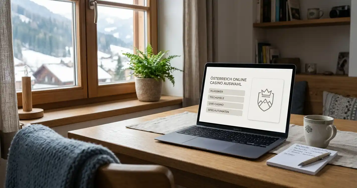 Casino ohne Konto in Österreich mit Laptop und neutralem Spielsymbol