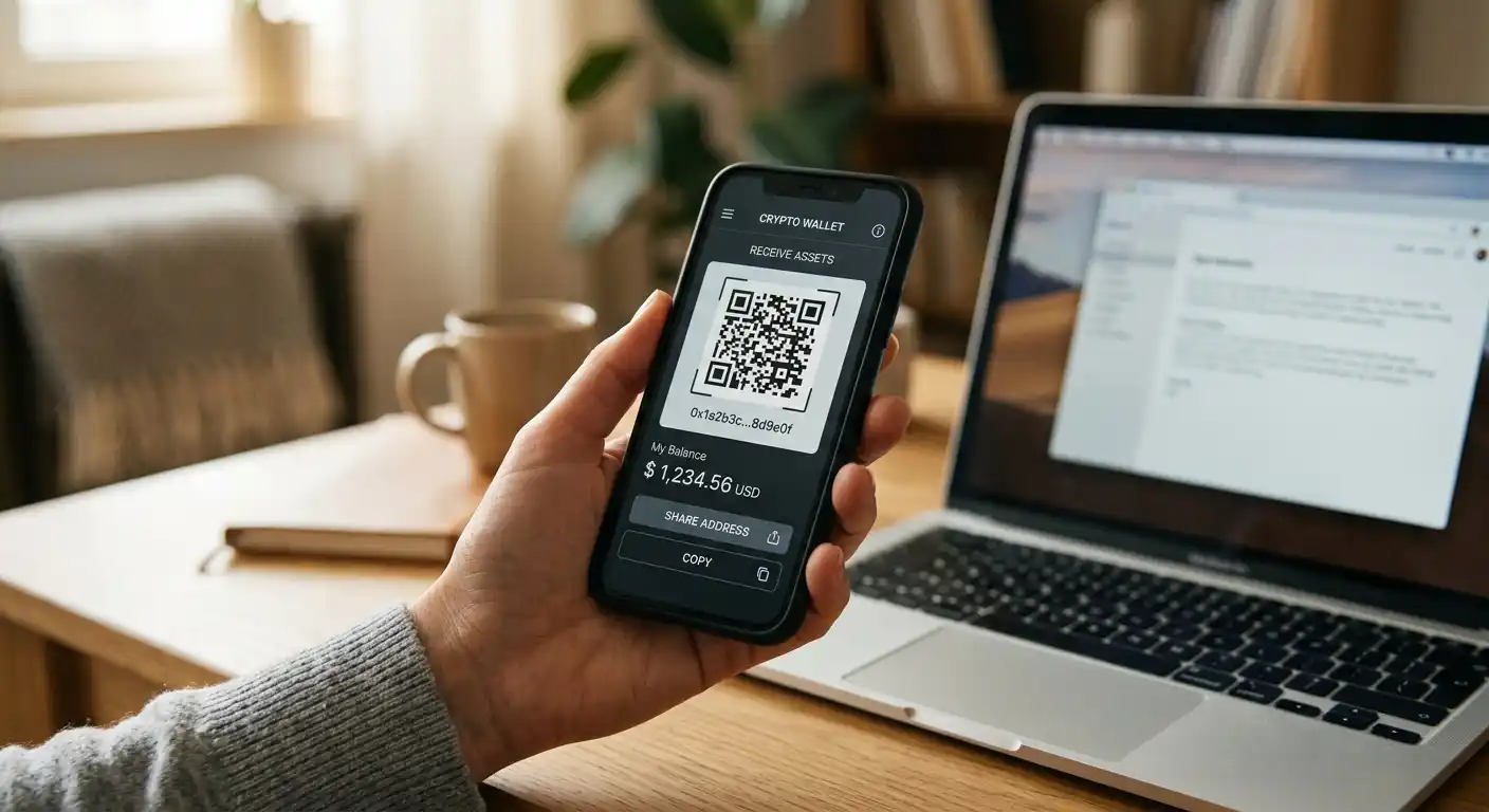 Smartphone mit Wallet-App und QR-Code für eine Bitcoin-Cash-Zahlung