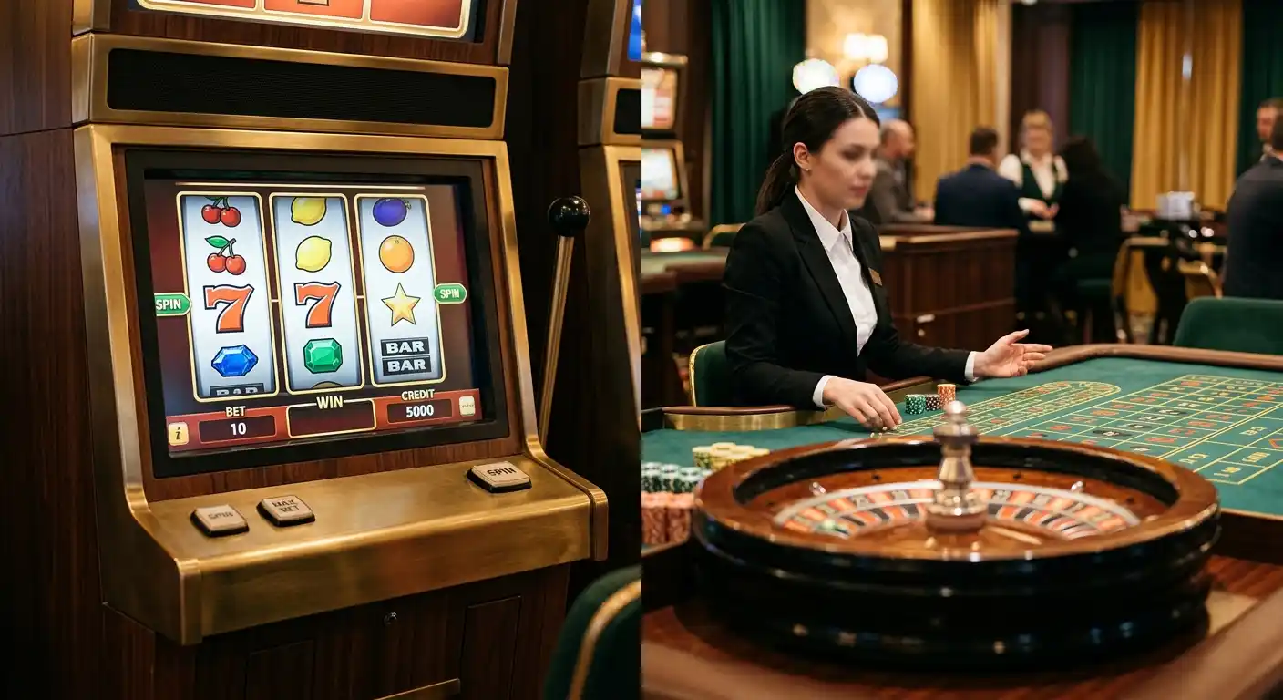Spielautomaten und Live-Casino-Tisch als Spielangebot eines Bitcoin-Casinos