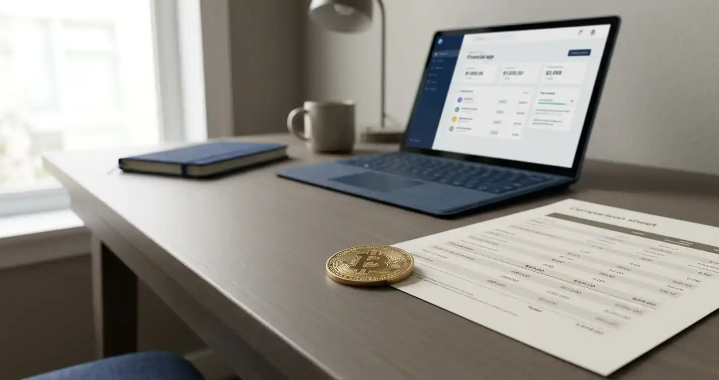 Bitcoin-Münze vor einer Vergleichstabelle österreichischer Online-Casinos auf einem Schreibtisch