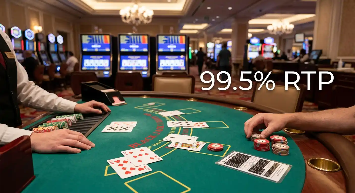 Blackjack Tisch mit Strategie Karte und 99 Prozent RTP Anzeige