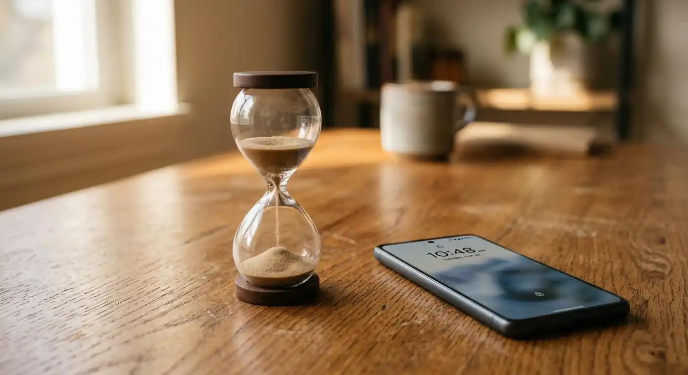Sanduhr neben Smartphone symbolisiert Auszahlungsgeschwindigkeit im BNB-Casino