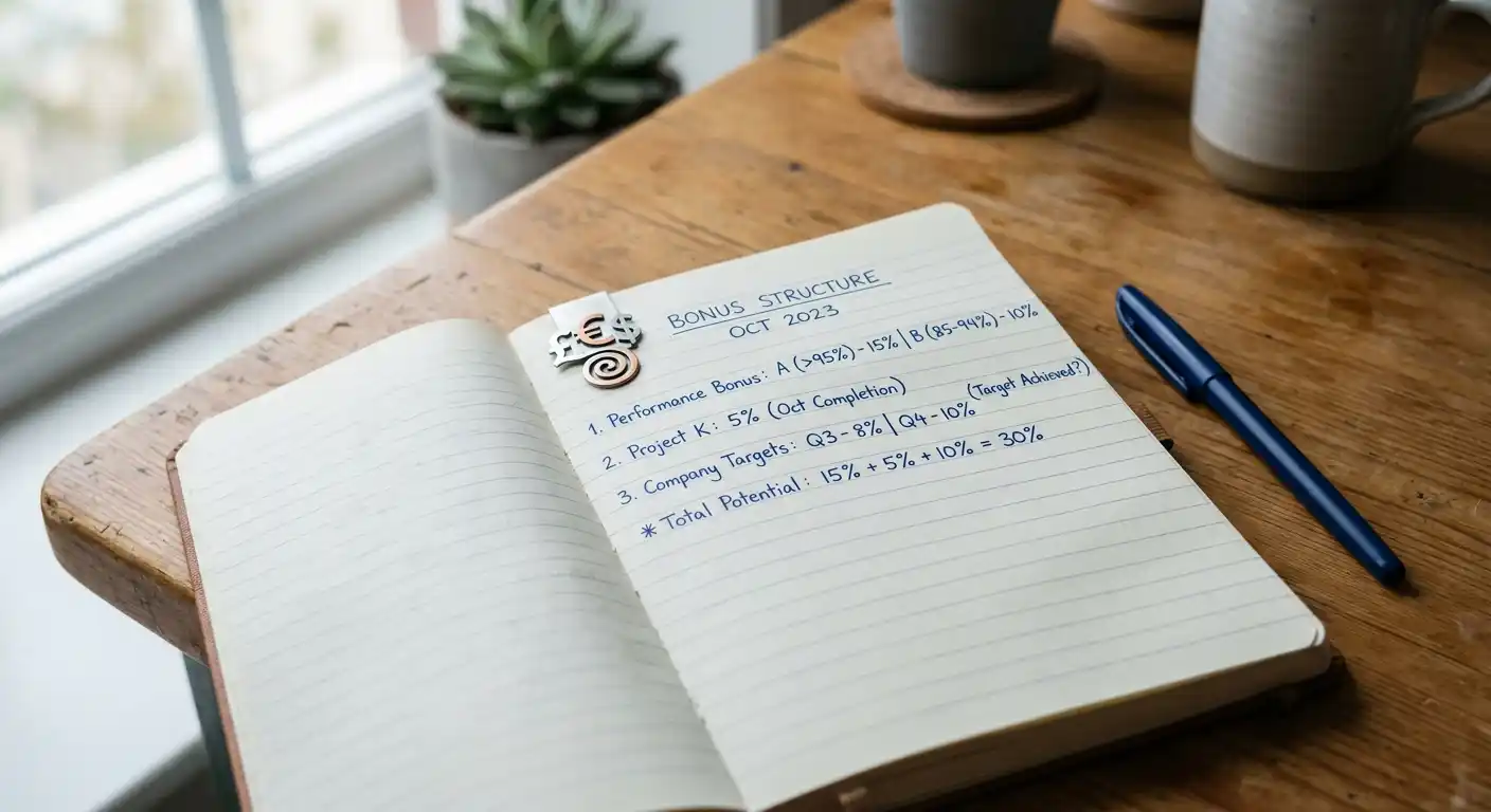 Vergleich von Bonus-Prozenten mit handgeschriebenen Notizen in einem Notizbuch
