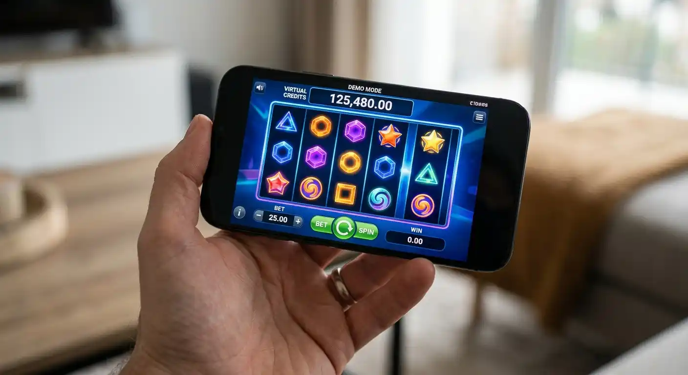 Smartphone zeigt Demo-Modus eines Bonus-Buy-Slots mit Spielgeld-Guthaben