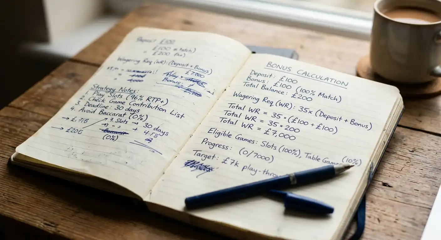 Notebook mit handschriftlichen Bonus-Berechnungen und Umsatzfaktoren