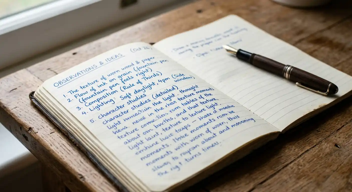 Detailaufnahme eines linierten Notizbuchs mit handschriftlichen Notizen zu Bonusbedingungen, daneben ein Kugelschreiber, kein Kalender, keine Spielkarten