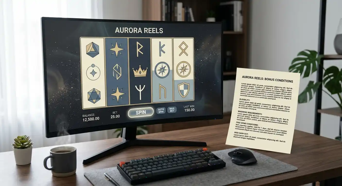 Neutrale Spieloberfläche mit Reels und klar lesbaren Bonusbedingungen ohne Markenlogo