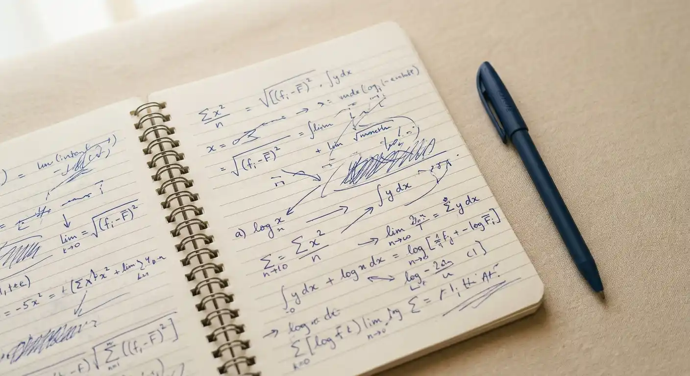Notizbuch mit handschriftlichem Rechenbeispiel und Taschenrechner daneben – Bild Bonusmathematik