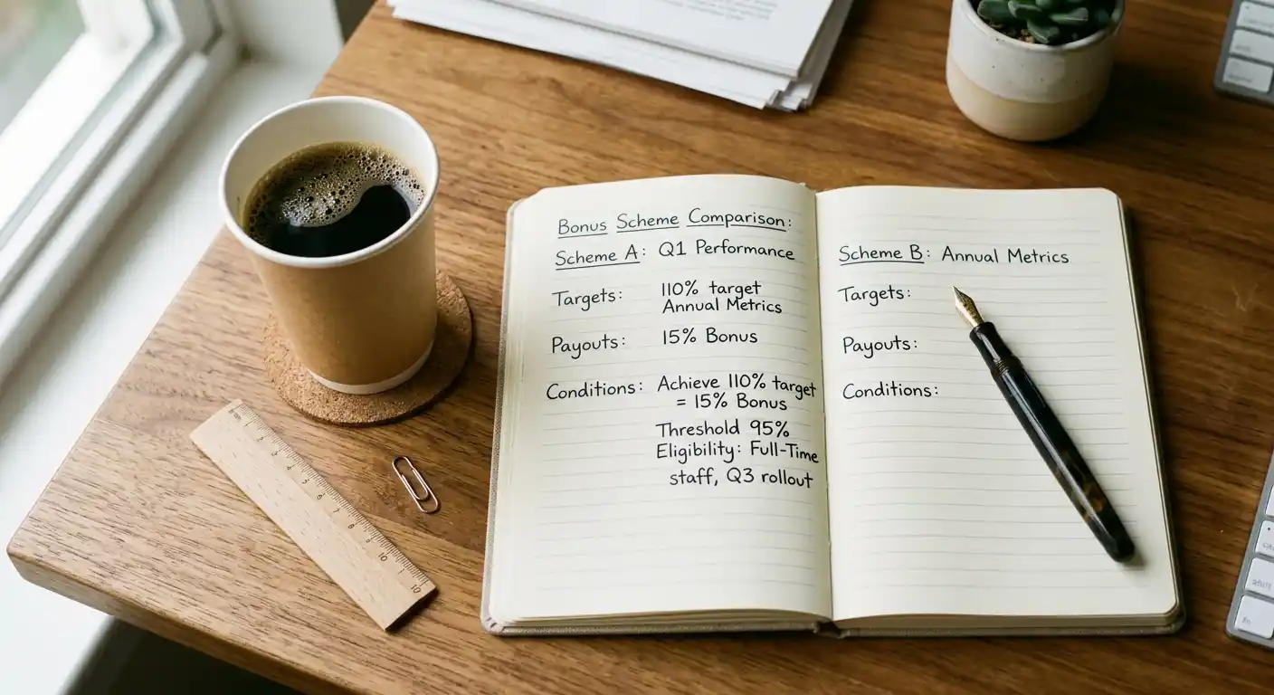 Notizbuch mit handschriftlichem Vergleich von Bonusangeboten auf einem Schreibtisch