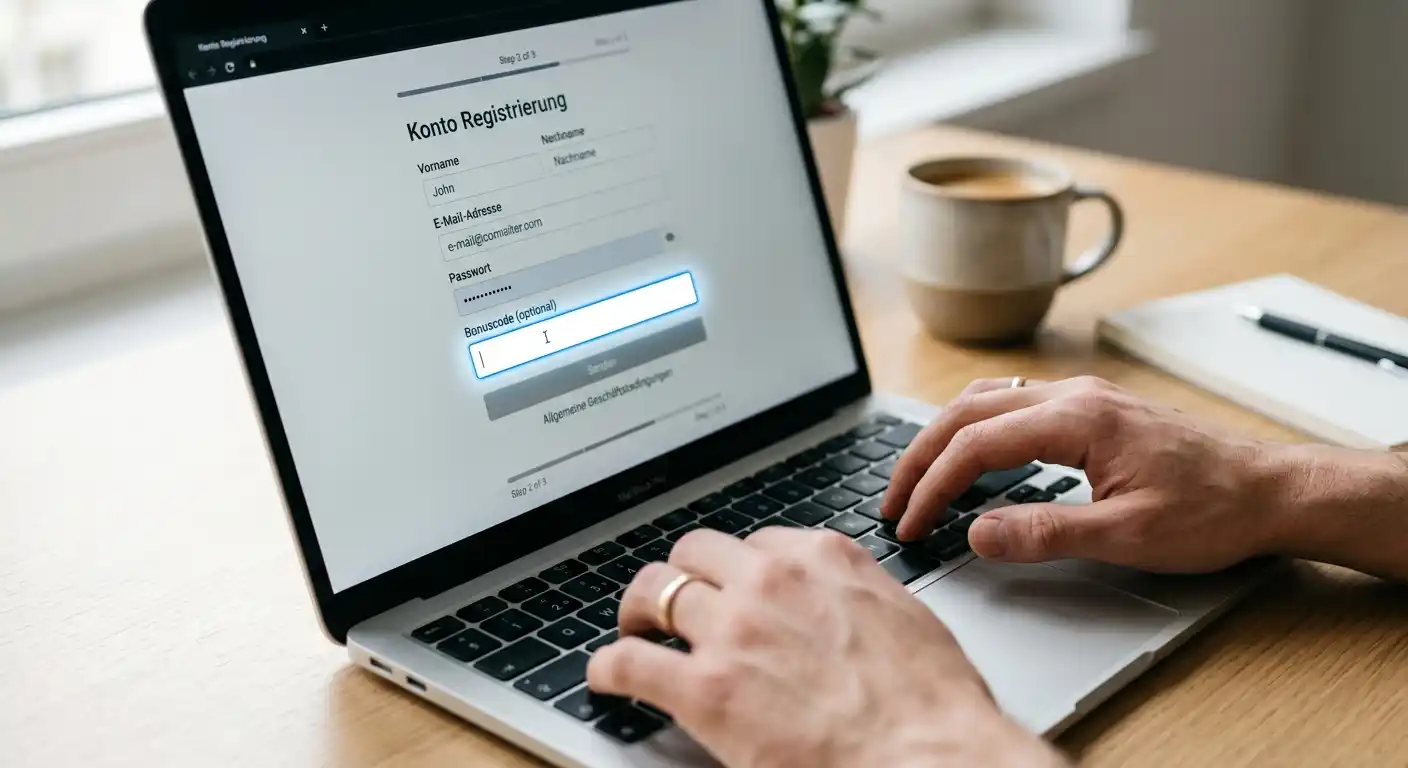 Eingabefeld für einen Bonuscode ohne Einzahlung im Registrierungsformular