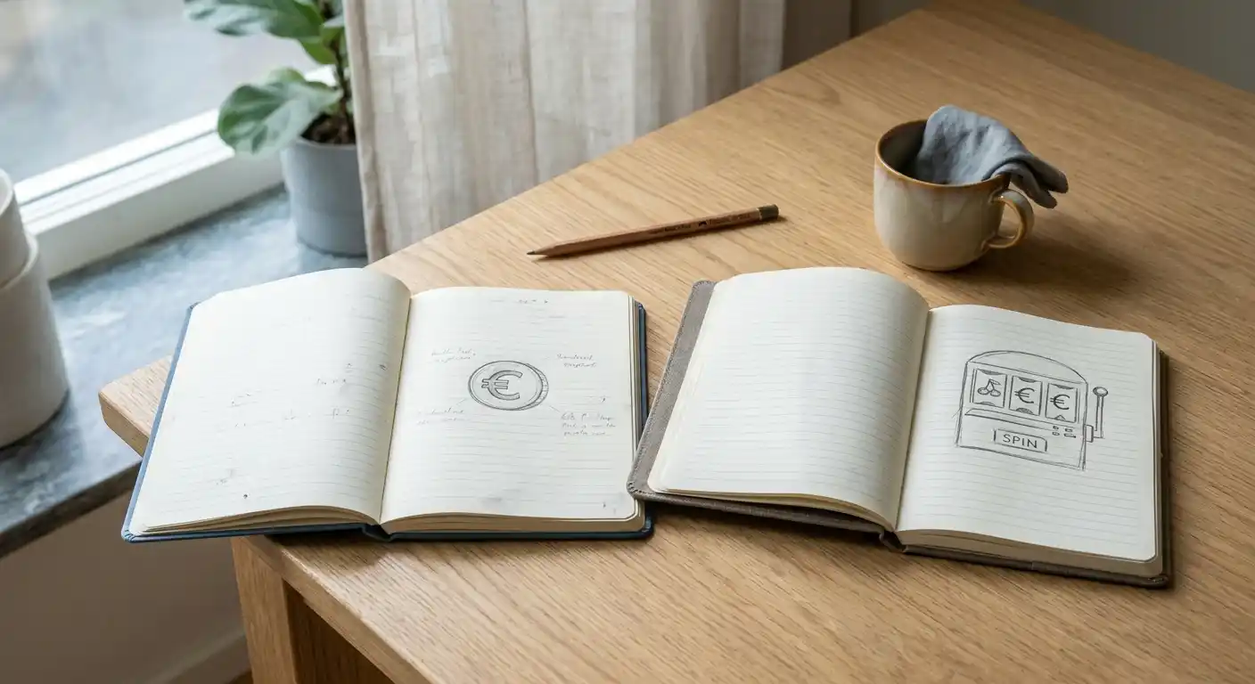 Zwei Notizbücher: Bonusgeld-Skizze links, Slot-Skizze rechts — visueller Vergleich der Bonusarten