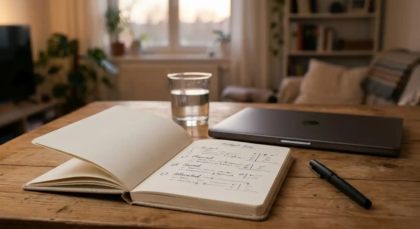 Handschriftliche Budgetnotiz mit Einsatzgrenze und ruhiger Spielpause