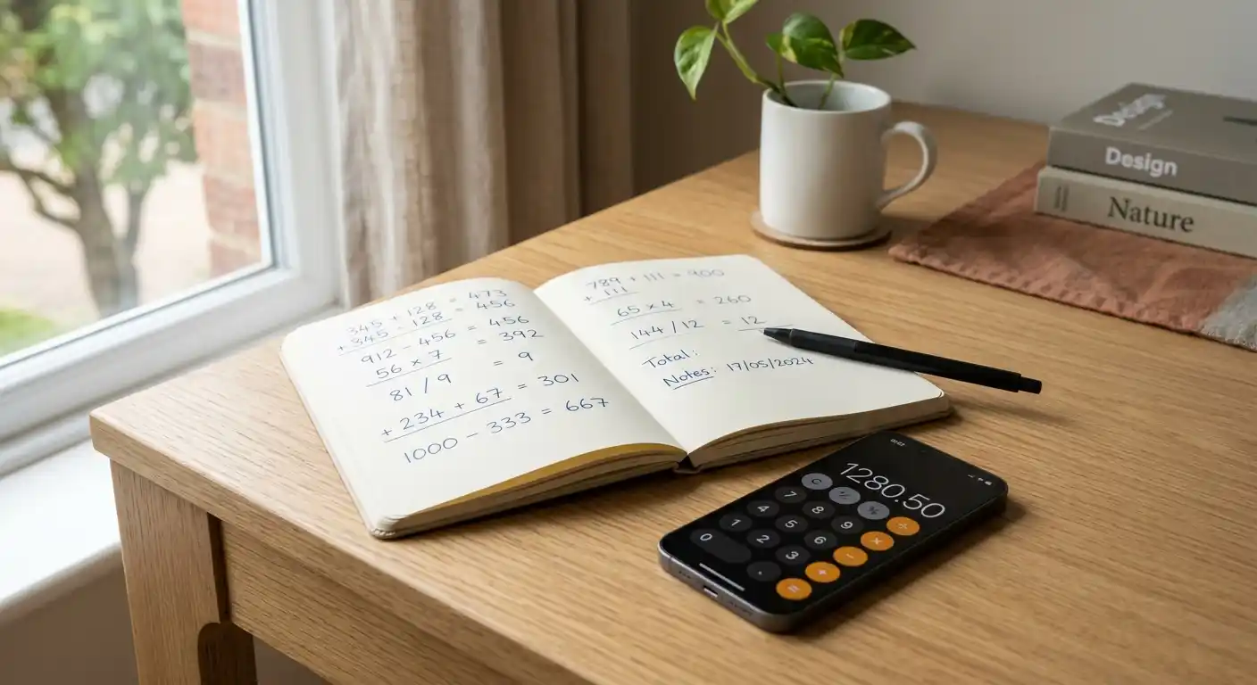 Notizbuch mit handschriftlichen Aufstellungen zu Spinwert, Umsatzfaktor und Max-Cashout, daneben ein Stift und ein Smartphone mit Taschenrechner-App, neutraler Schreibtisch