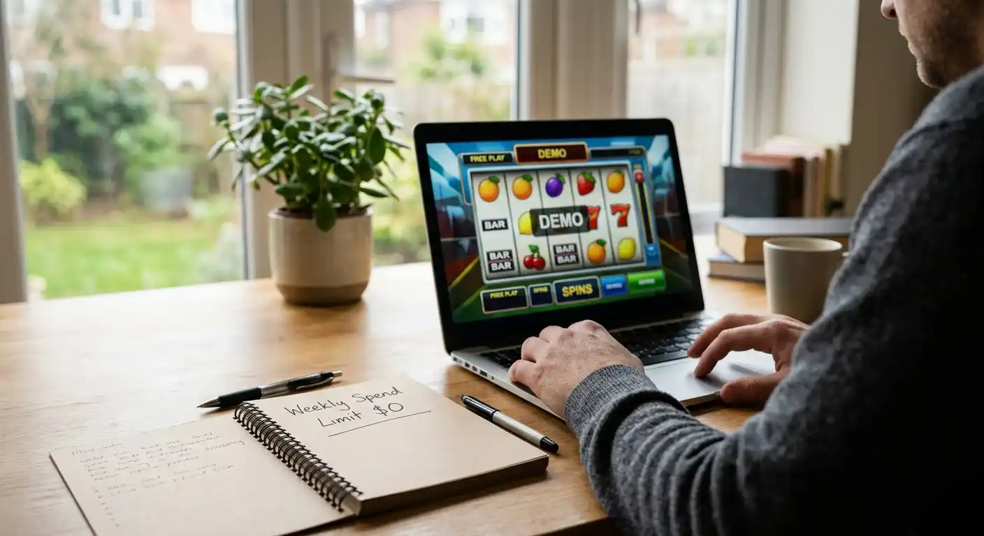 Person an einem Laptop mit neutralem Demo-Spiel und Notiz zur Einsatzgrenze