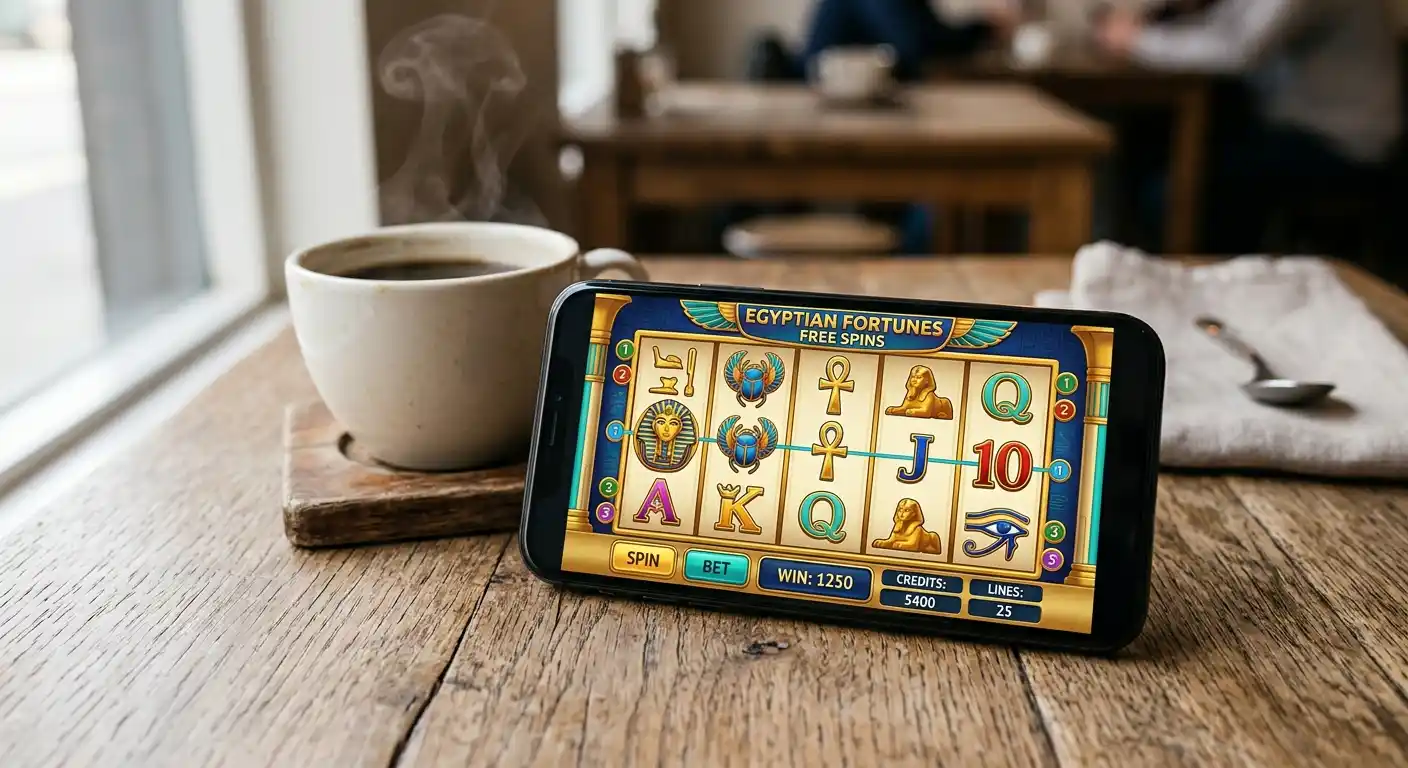 Nahaufnahme eines Smartphones mit hellem Bildschirm, auf dem eine Slot-Walzen-Anordnung zu sehen ist, daneben eine Kaffeetasse auf einem Holztisch, gedämpftes Licht
