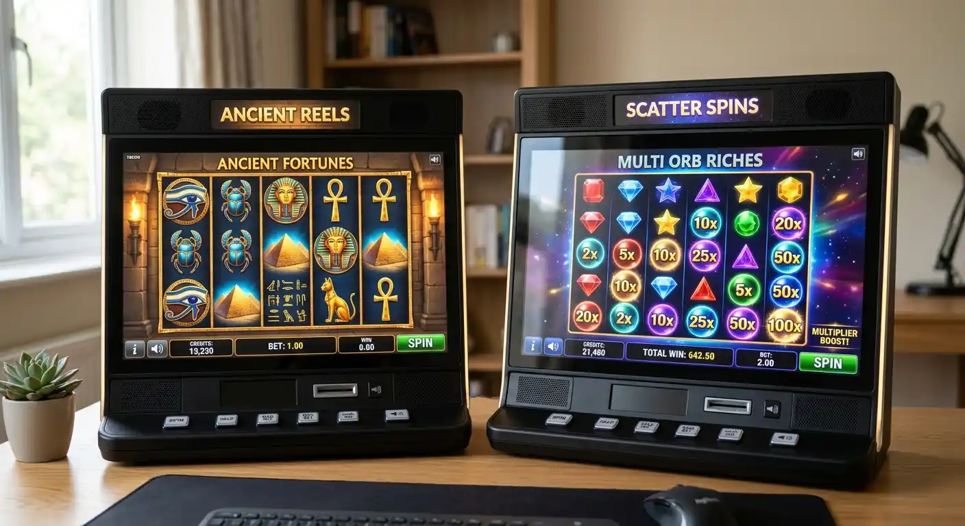 Zwei Spielautomaten-Bildschirme nebeneinander, der linke klassisch ägyptisch, der rechte scatter-pays mit Multiplikatoren