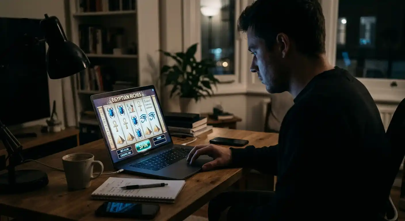 Laptop zeigt generische Online-Spielautomat-Rollen ohne Marken-Identifikation