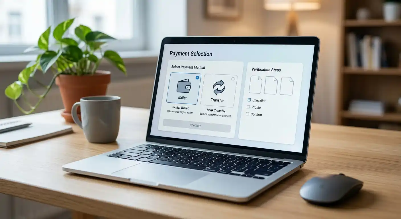 Neutrale Zahlungsauswahl auf einem Laptop mit PayPal-ähnlichem, aber unbeschriftetem Symbol und Auszahlungsnotizen