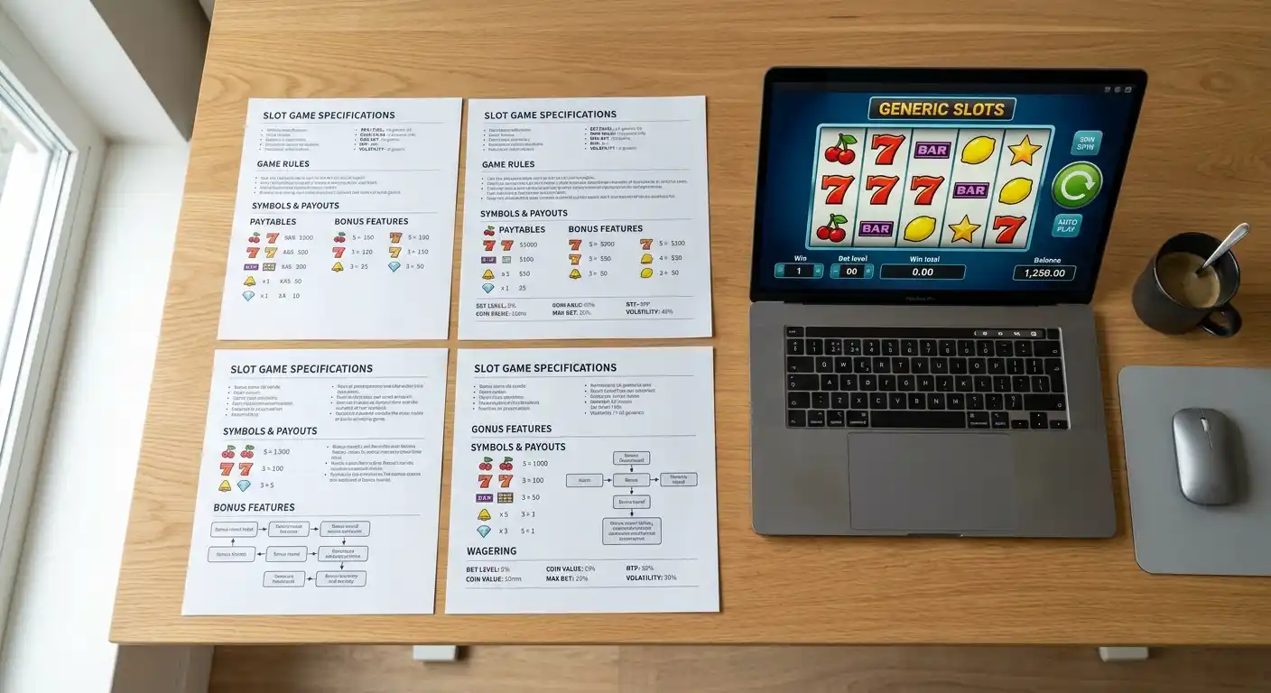 Vergleich von vier neutral dargestellten Spielautomaten-Versionen auf einem Informationsblatt