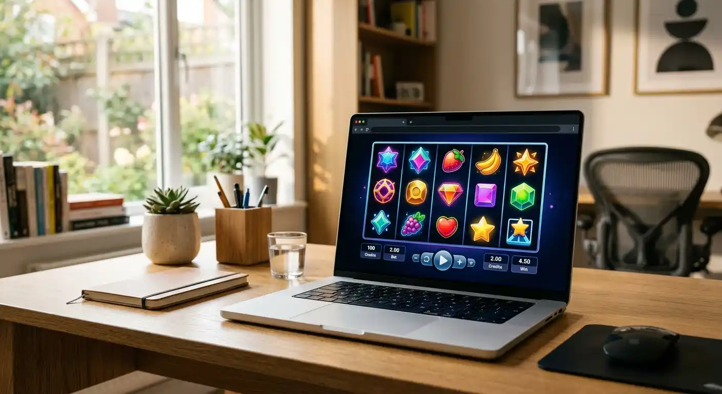 Laptop mit neutraler Demo-Spieloberfläche ohne Markenlogo