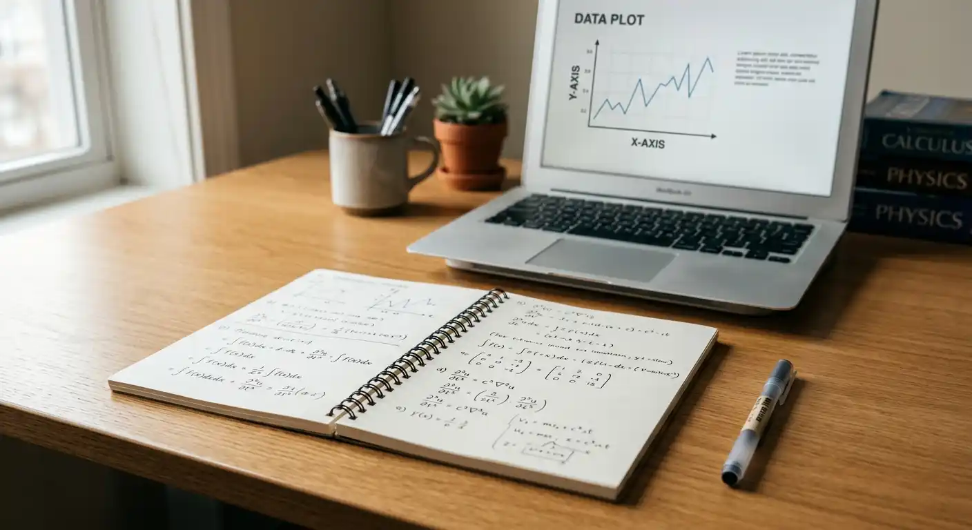Schreibtisch mit offenem Notizbuch, Stift und einem Laptop-Bildschirm mit Spielstatistiken, warmes indirektes Licht, keine Logos