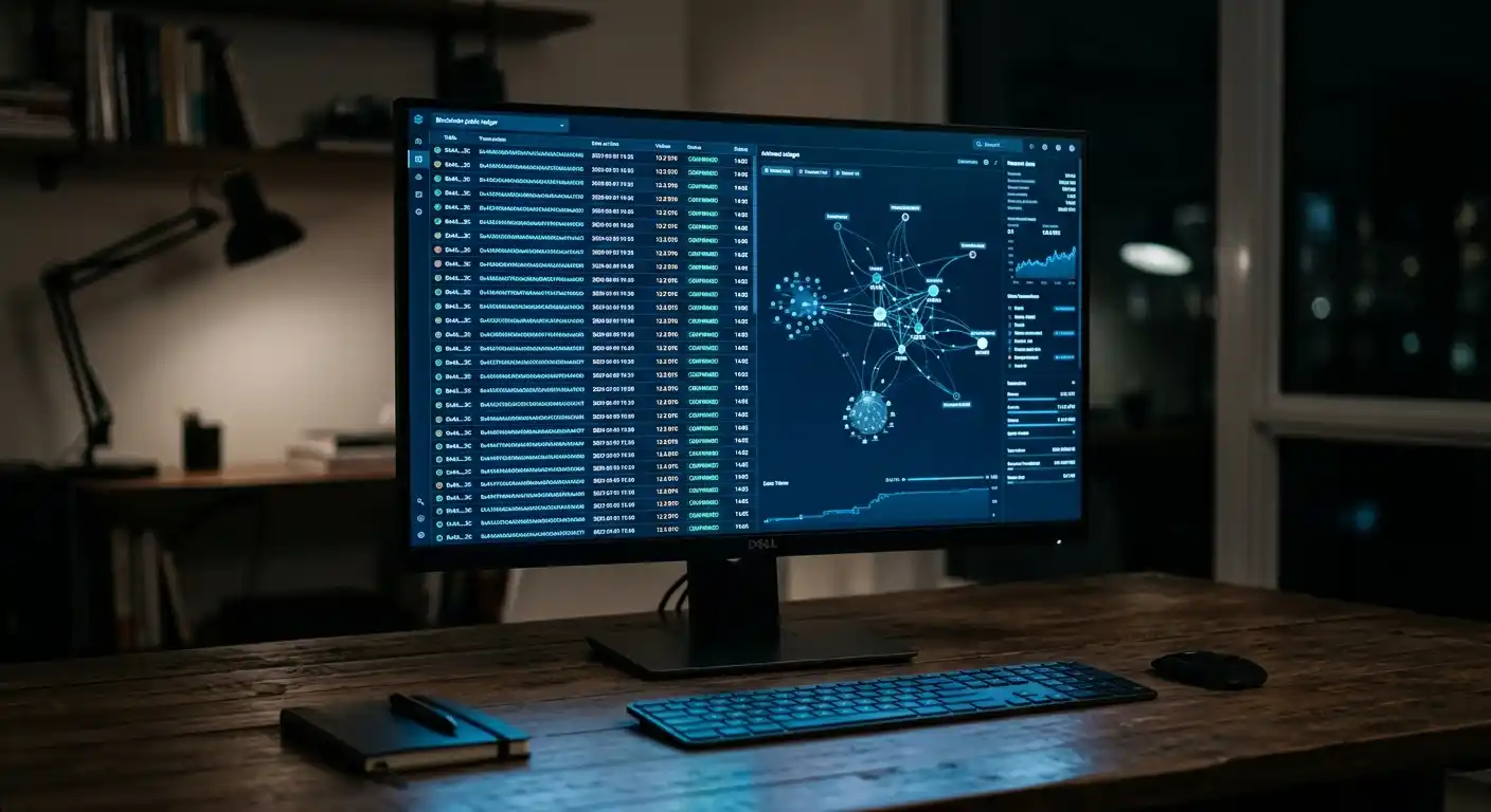 Bildschirm mit öffentlichem Blockchain-Explorer und sichtbaren Transaktionsdaten in einem abgedunkelten Raum