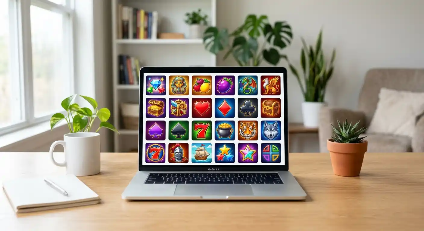 Laptop-Bildschirm mit übersichtlichem Raster verschiedener Spielautomaten in einem hellen Arbeitszimmer