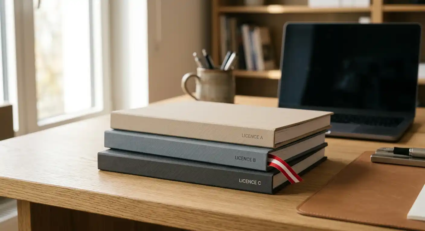 Schreibtisch mit einem österreichischen Lizenzdokument, einem MGA-Zertifikat und einem Notizbuch mit Lizenztypen
