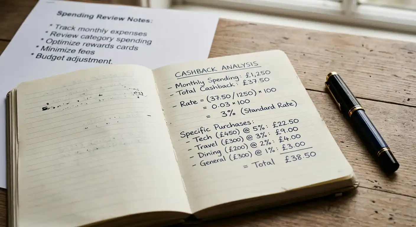 Notizbuch mit handschriftlicher Aufstellung von Cashback-Quoten und Wochenverlusten