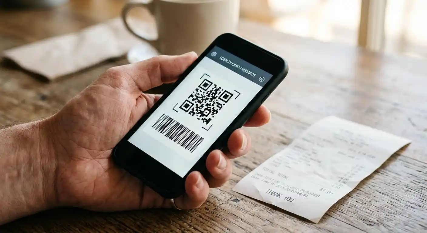 Person mit Smartphone und neutralem Barcode neben einer Quittung auf einem ruhigen Schreibtisch