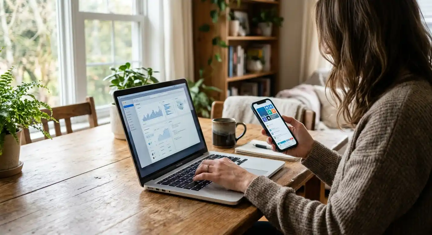 Person mit Laptop und Smartphone auf einem hellen Tisch, beide Geräte ohne erkennbare Markenoberfläche