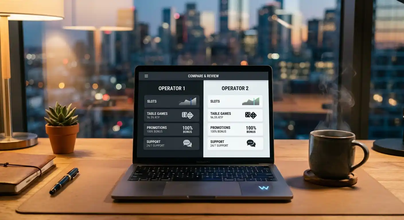 Anbieter-Vergleich auf einem Laptop mit Tassenkaffee bei weicher Beleuchtung