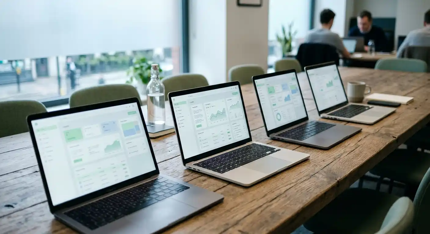 Reihe von Casino-Laptops auf einem Konferenztisch, neutral gestaltet ohne Logos