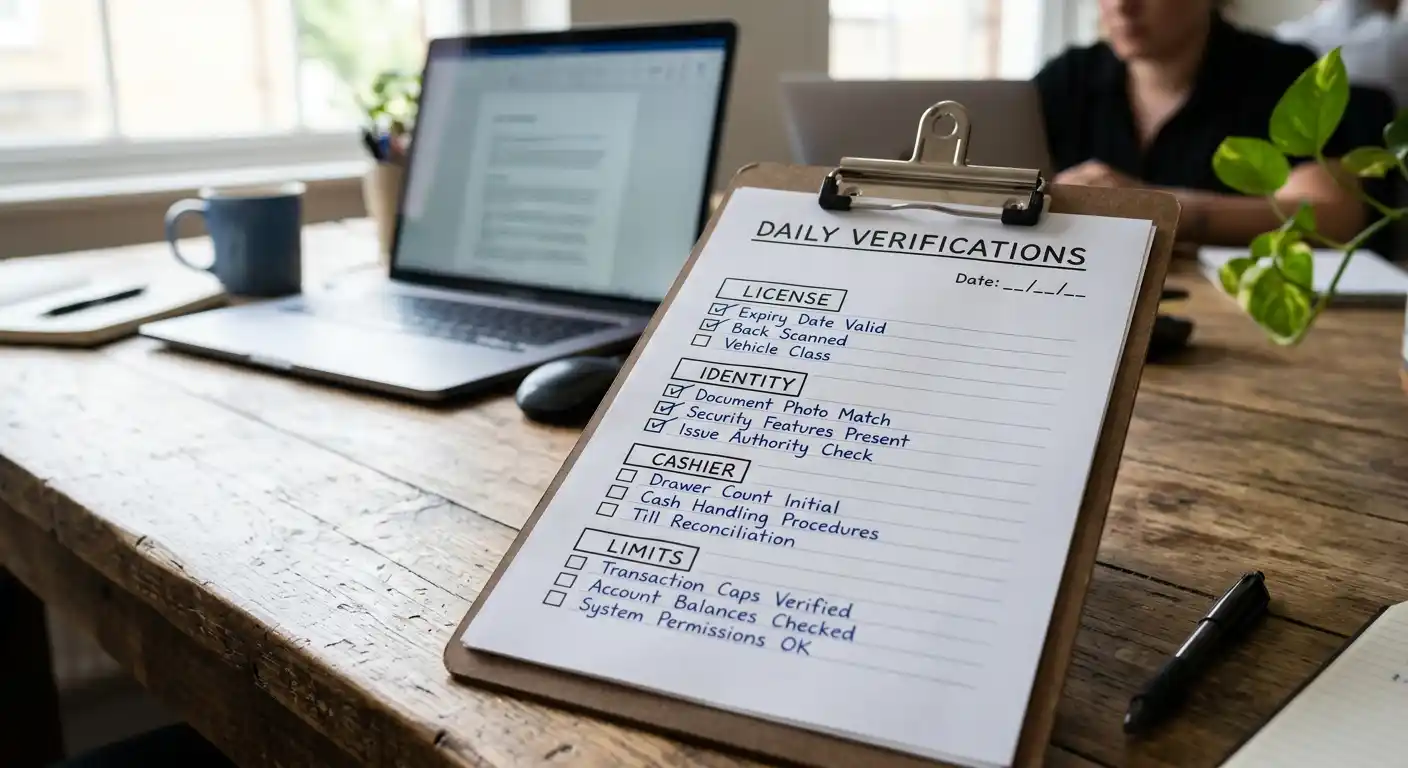 Checkliste für Konzession KYC Kasse und Einzahlungslimit auf einem neutralen Schreibtisch