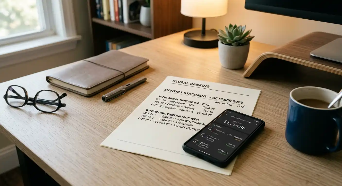 Schreibtisch mit Smartphone zeigt neutrale Banking-App, Dokumente mit Auszahlungszeiten, ruhige Beleuchtung