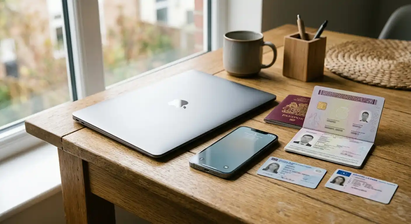 Dokumente zur Identitätsprüfung neben Laptop und Smartphone im warmen Licht