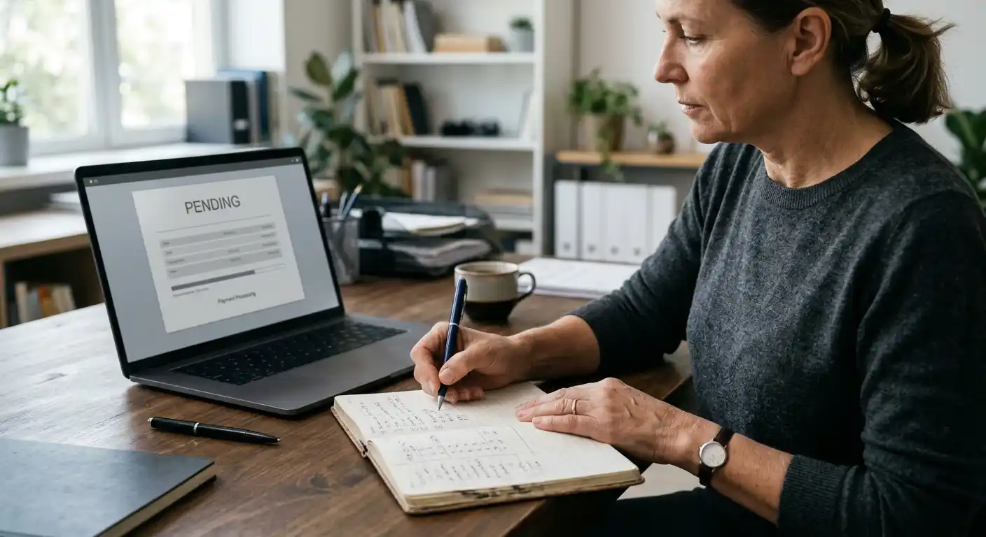 Ruhiger Schreibtisch mit Checkliste für einen Auszahlungsantrag und Laptop