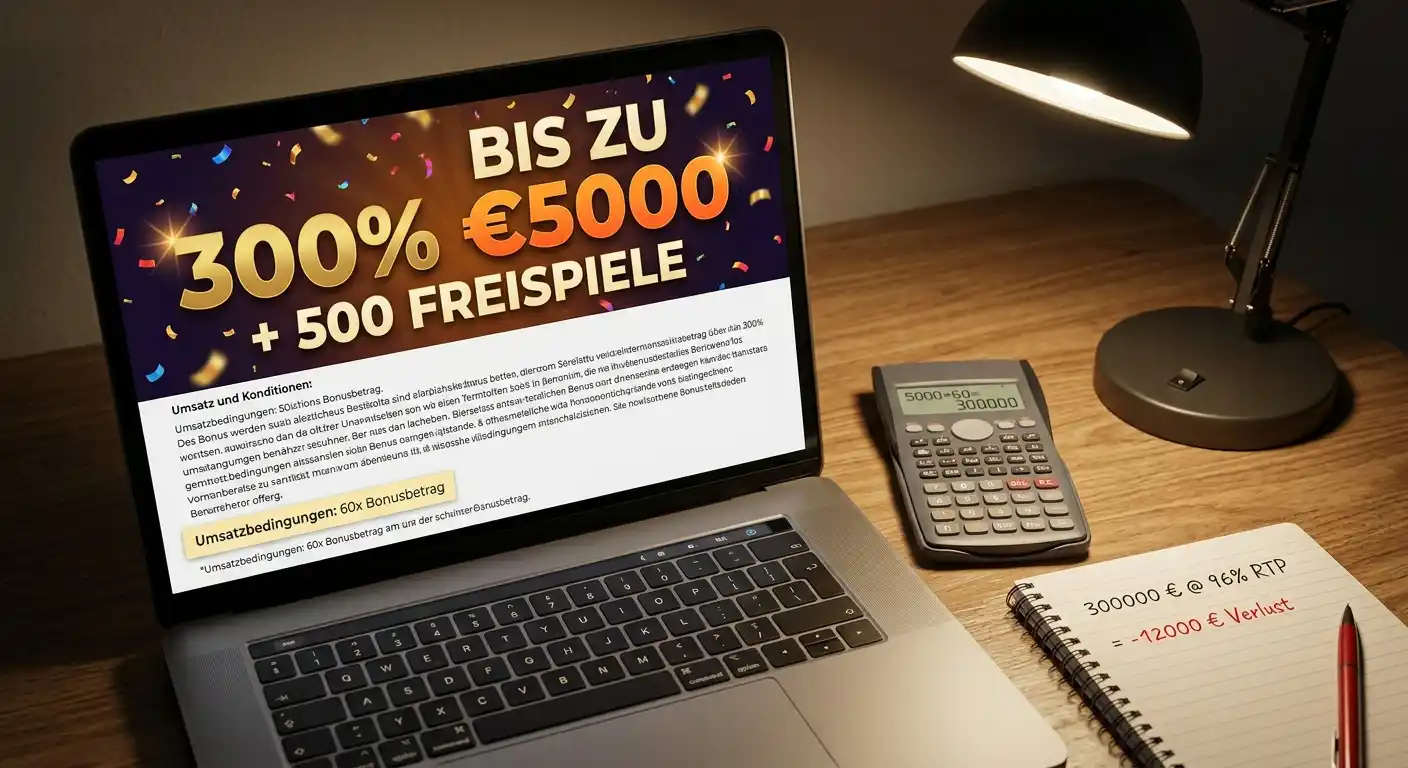 Bonus-Angebot mit Umsatzbedingungen in Kleingedrucktem auf Casino-Bildschirm