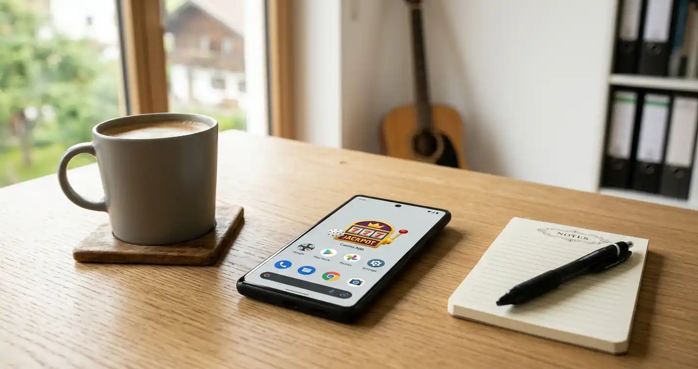 Smartphone mit Casino-App-Symbol auf österreichischem Schreibtisch neben Kaffee und Notizblock