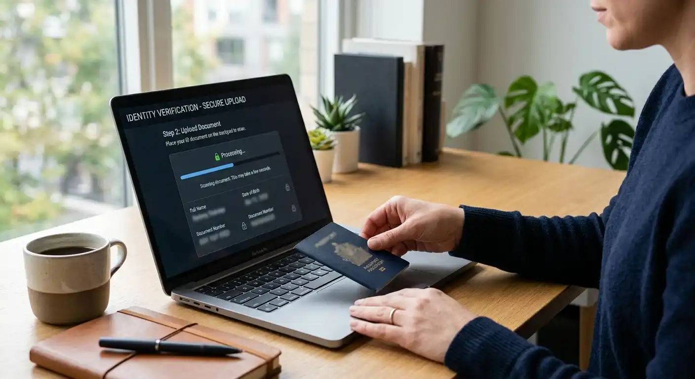 Person lädt Identitätsunterlagen über einen sicheren neutralen Laptop-Arbeitsplatz hoch