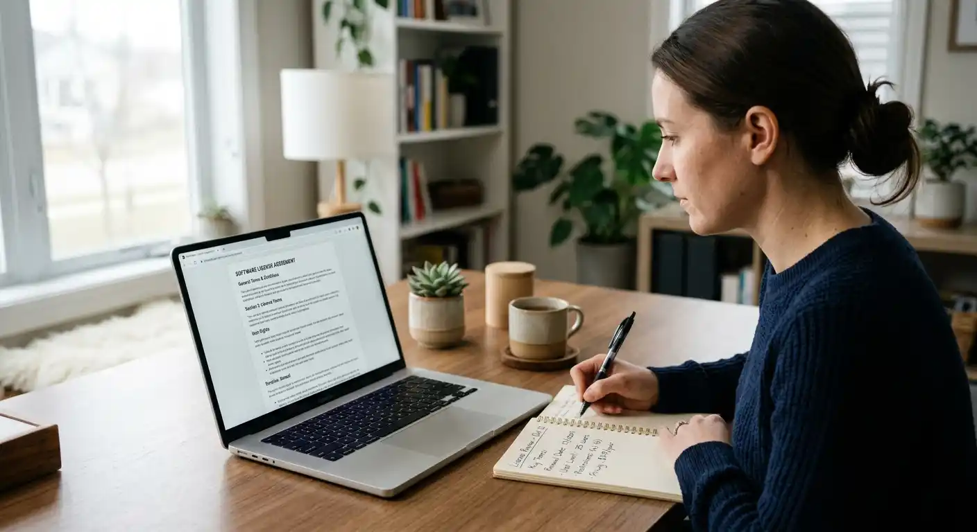 Person am Laptop prüft Lizenznummern auf einer Anbieter-Webseite, Notizblock daneben