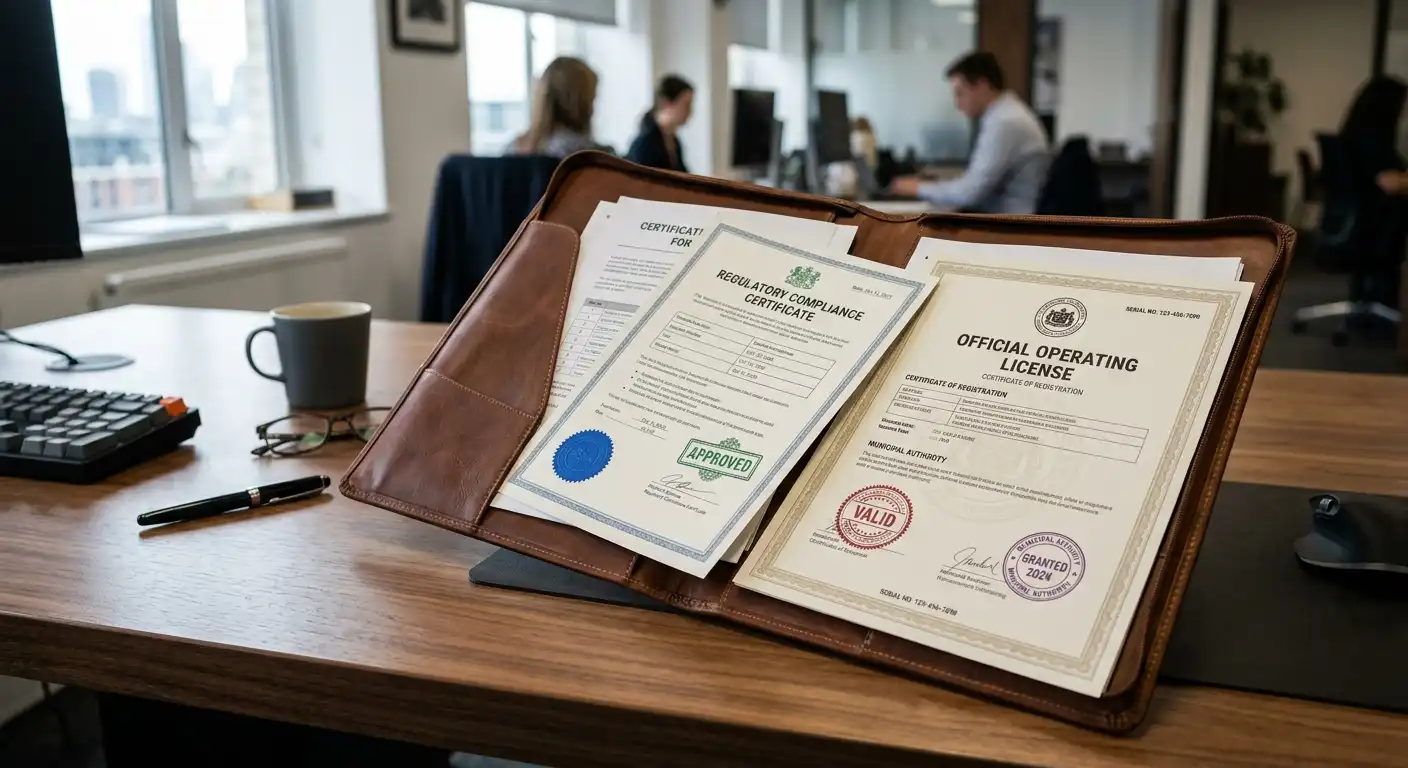 Dokumentenmappe mit Lizenzstempeln aus verschiedenen Jurisdiktionen auf einem Schreibtisch