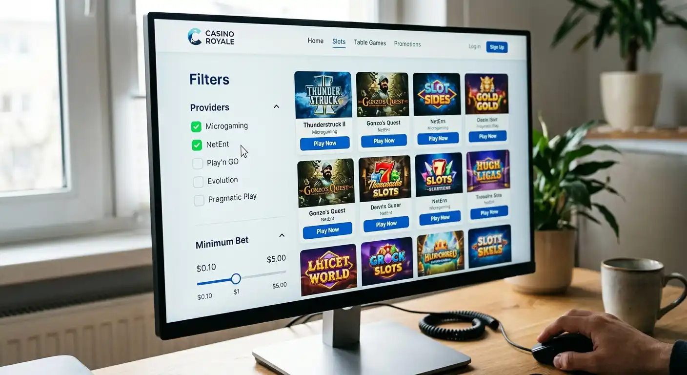 Casino-Lobby-Interface mit aktivierten Filtern für Mindesteinsatz und Provider
