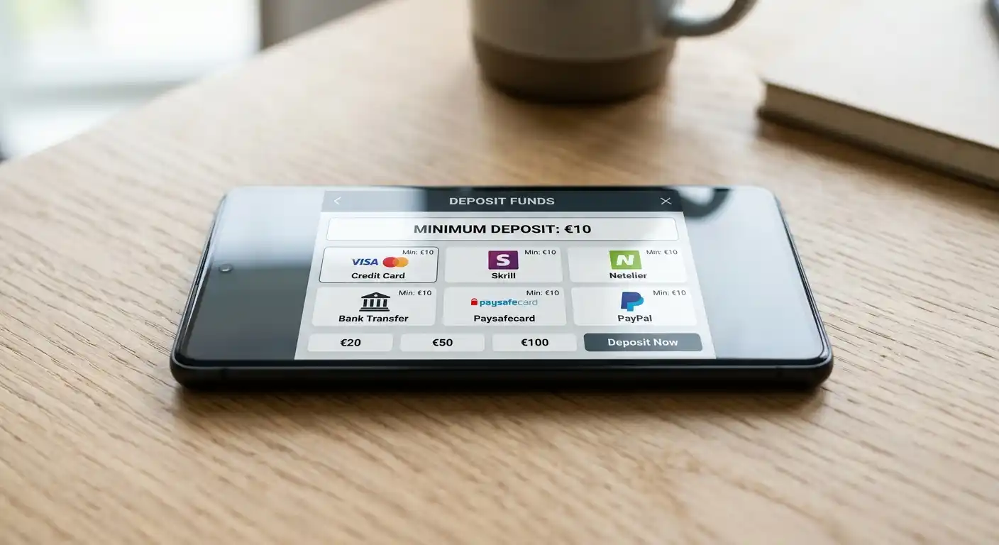 Smartphone mit Casino-App und verschiedenen Einzahlungsoptionen ab 10 Euro