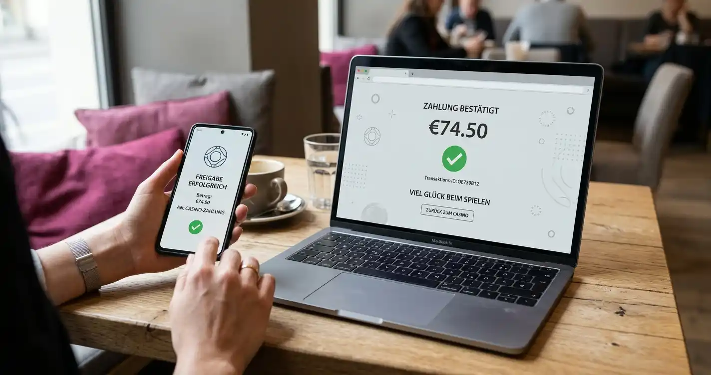 Smartphone neben neutralem Casino-Zahlungsbildschirm für eine Magenta-Einzahlung