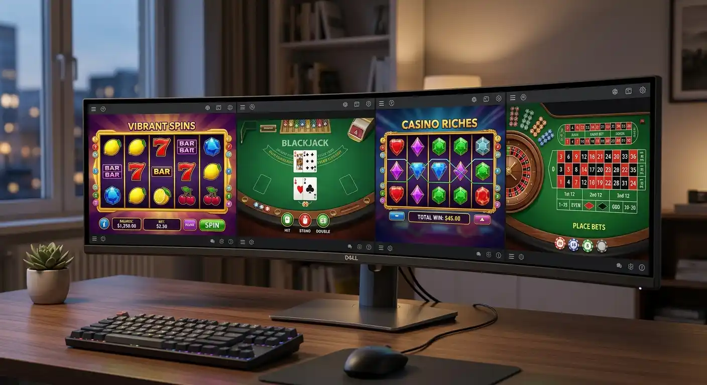 Desktop-Ansicht mehrerer Casino-Plattformen mit Spieleauswahl