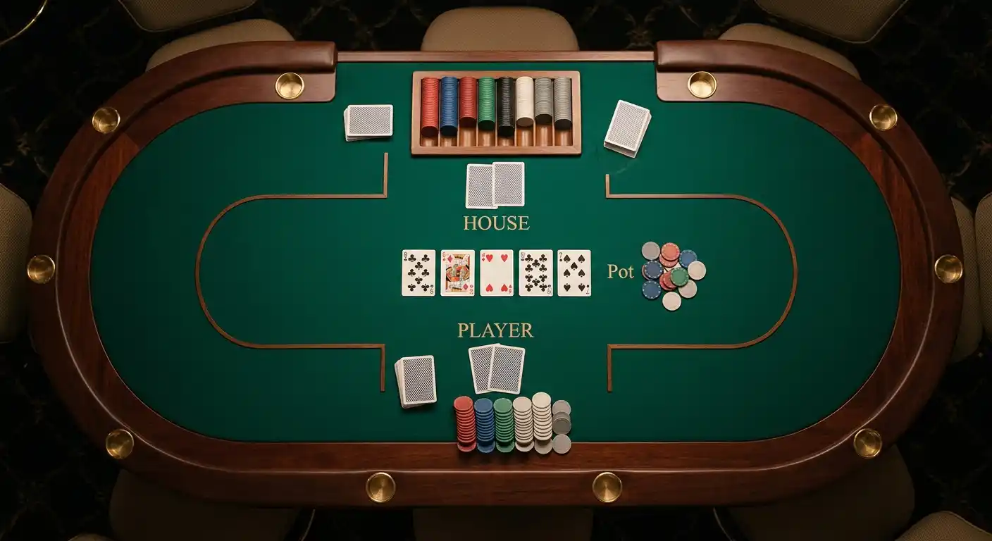 Pokertisch mit Karten und neutralen Spielchips ohne Logos