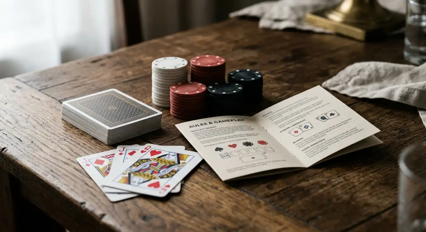 Karten, Spielchips und eine neutrale Regelkarte für Casino-Poker